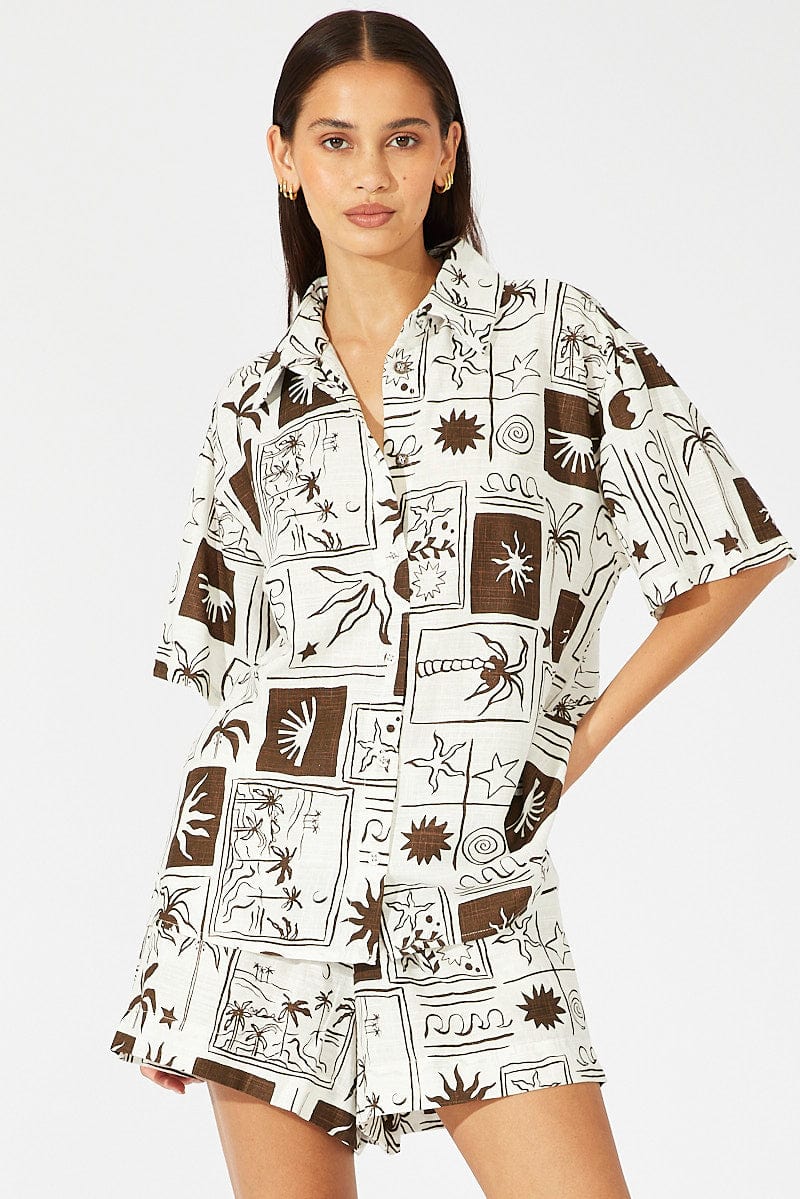 Brown Abstract Linen Shirt Short Sleeve for Ally Fashion