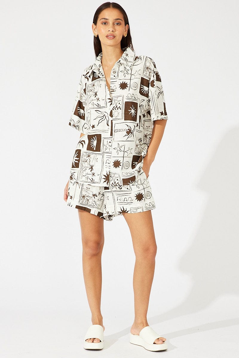 Brown Abstract Linen Shirt Short Sleeve for Ally Fashion