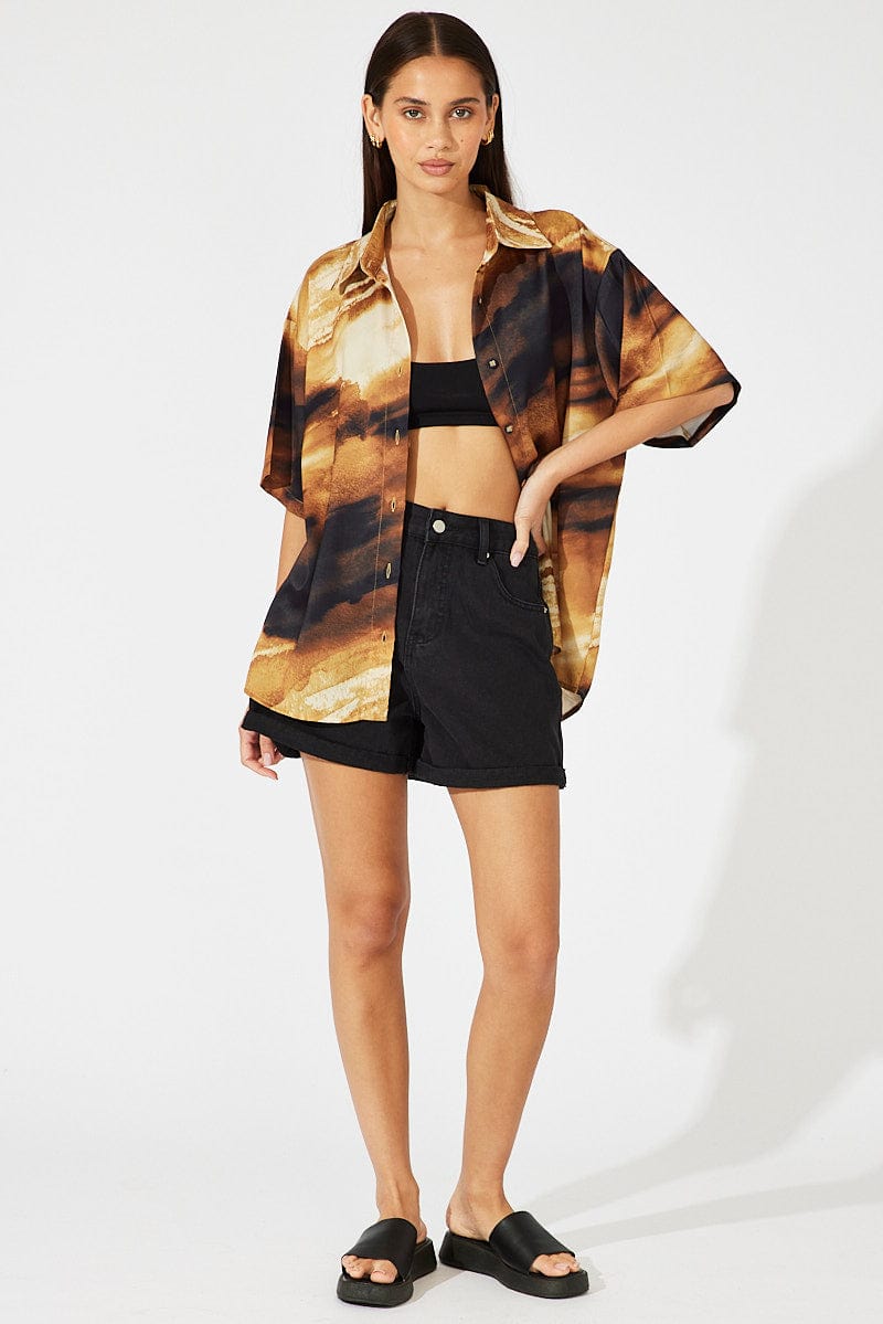 Brown Abstract Satin Shirt Short Sleeve for Ally Fashion