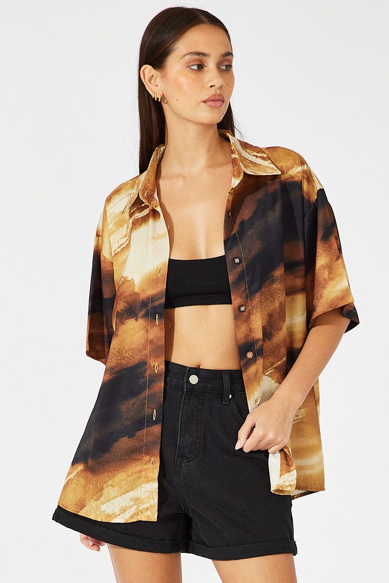 Brown Abstract Satin Shirt Short Sleeve for Ally Fashion