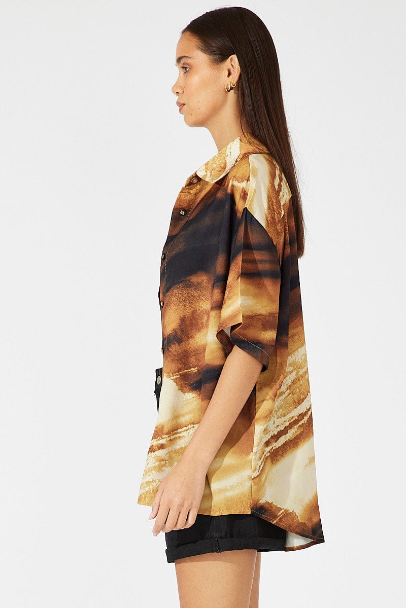 Brown Abstract Satin Shirt Short Sleeve for Ally Fashion