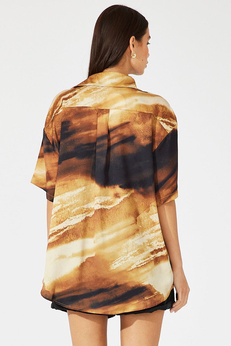 Brown Abstract Satin Shirt Short Sleeve for Ally Fashion