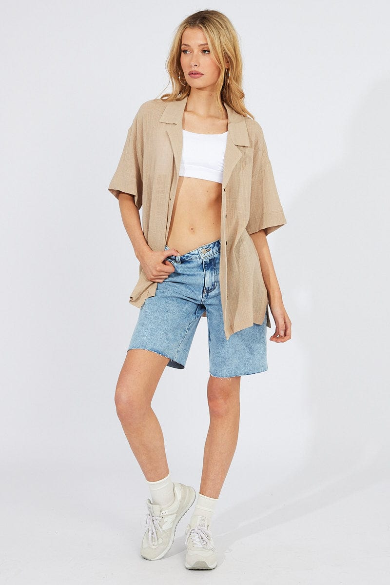 Beige Shirt Short Sleeve Collared Neck for Ally Fashion