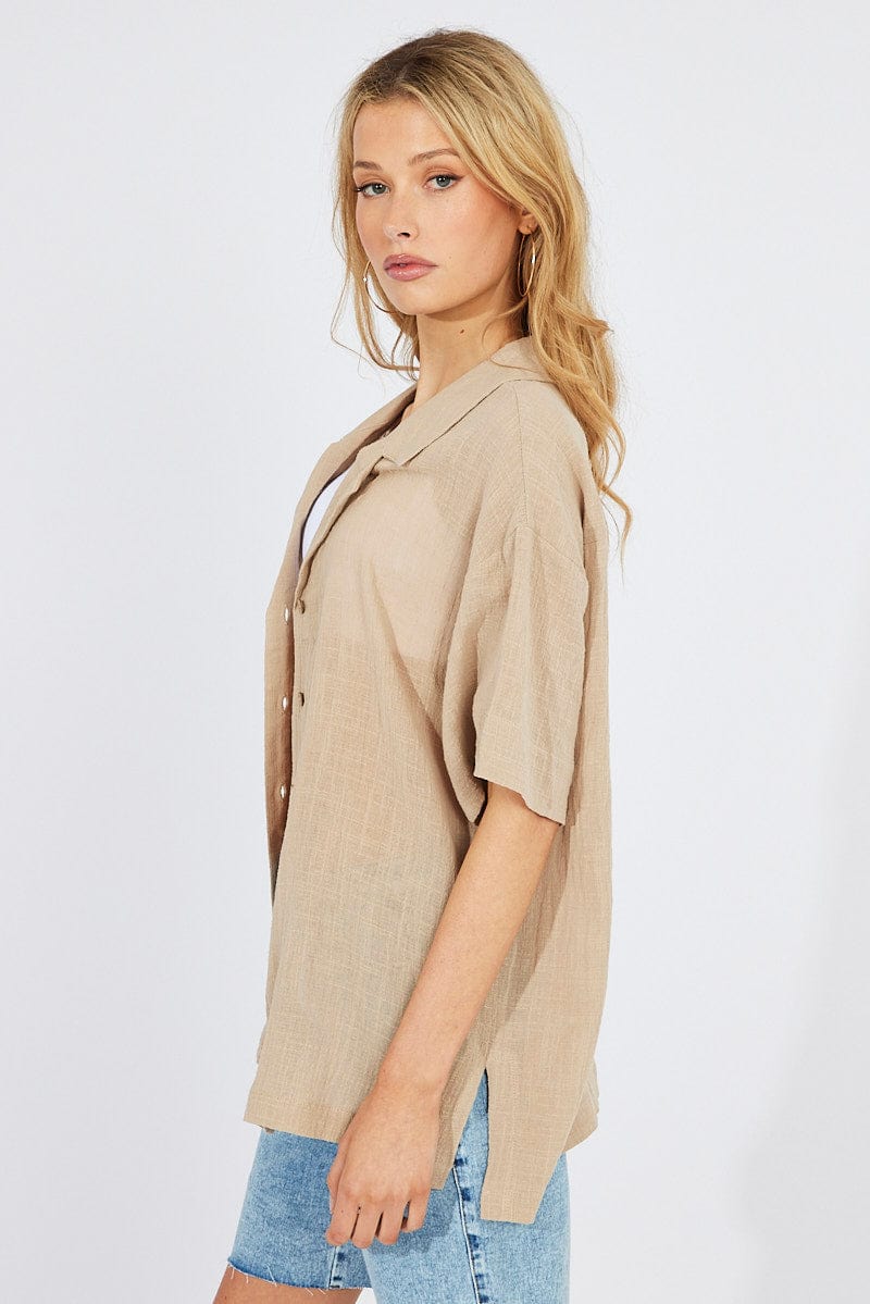 Beige Shirt Short Sleeve Collared Neck for Ally Fashion