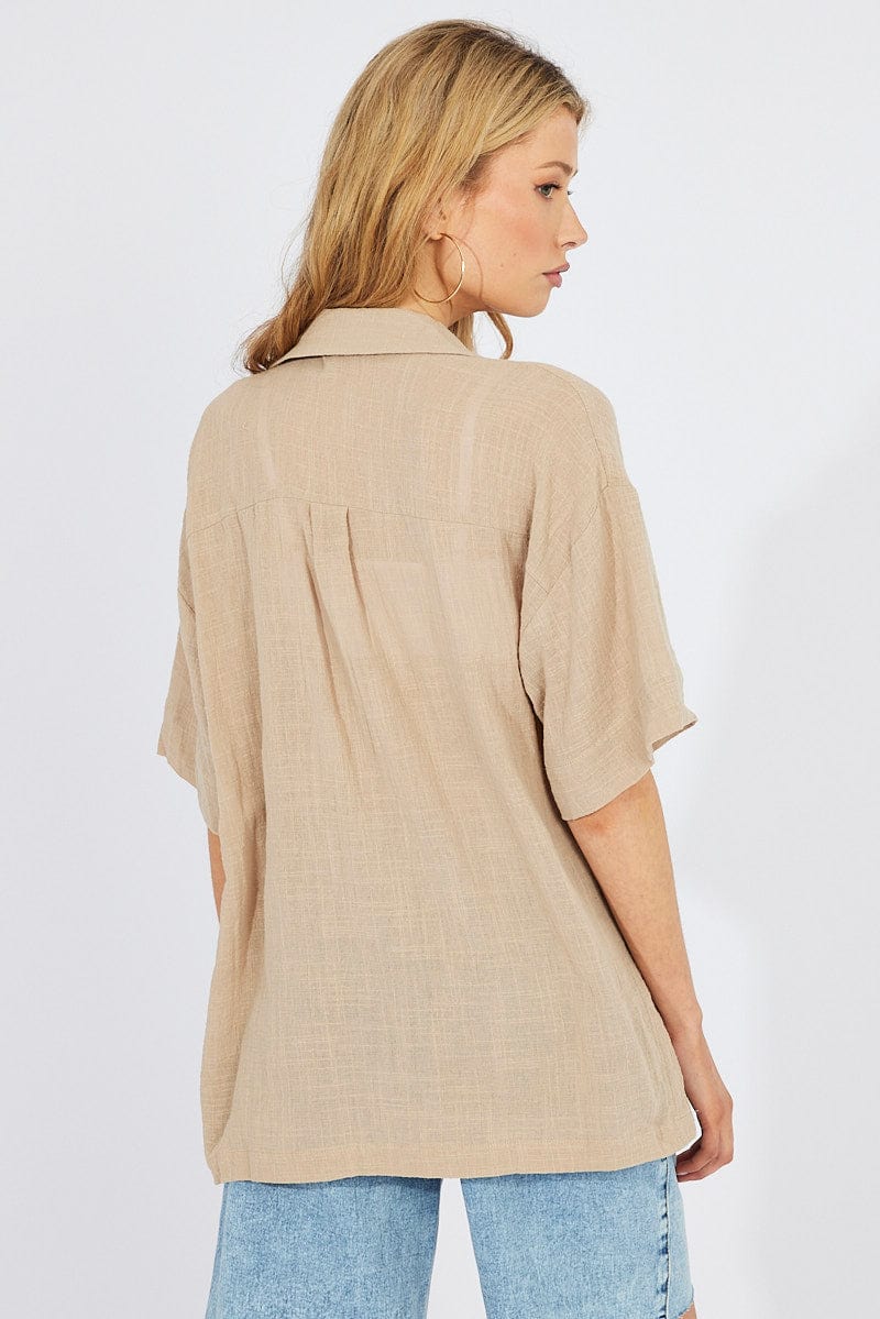 Beige Shirt Short Sleeve Collared Neck for Ally Fashion