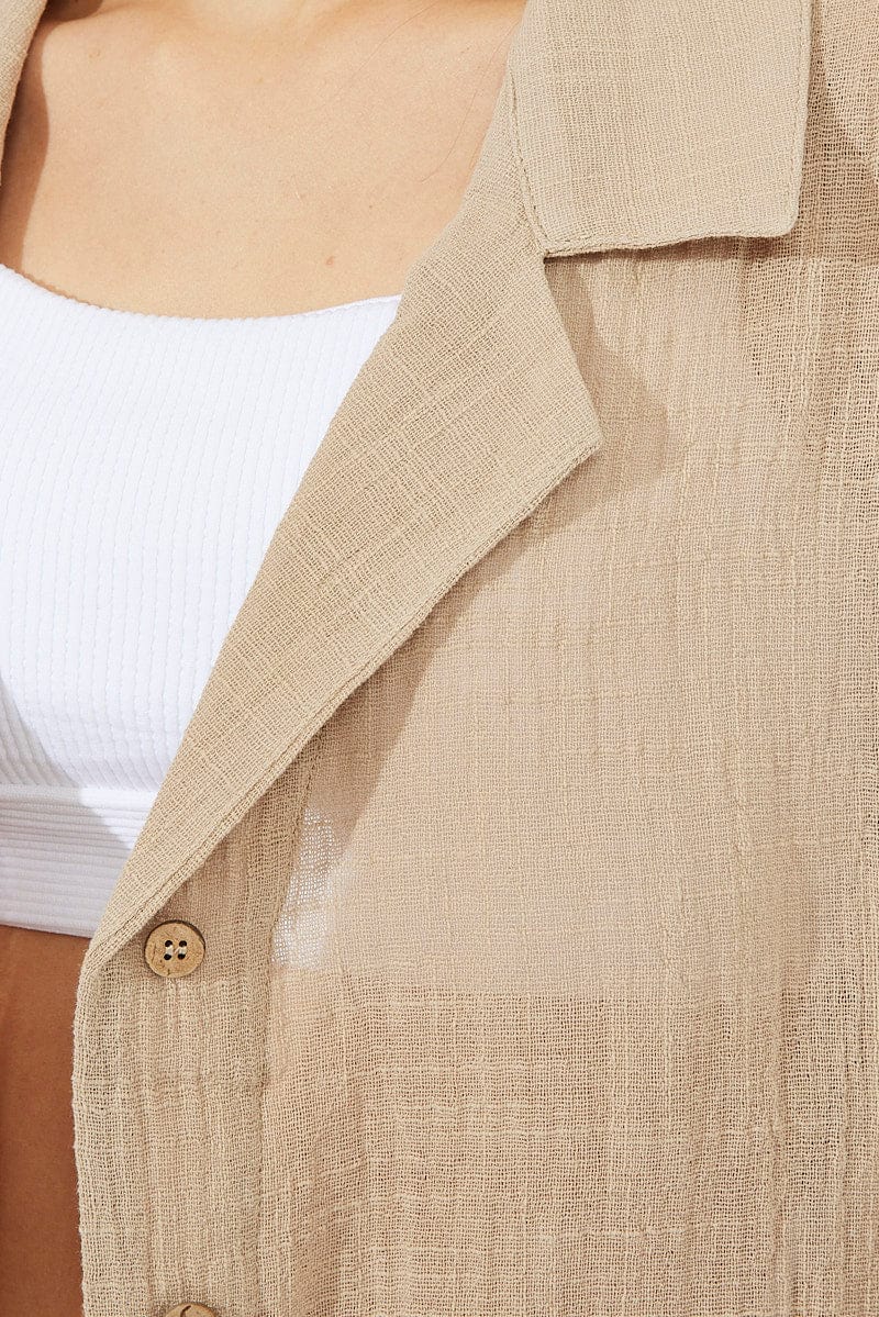 Beige Shirt Short Sleeve Collared Neck for Ally Fashion