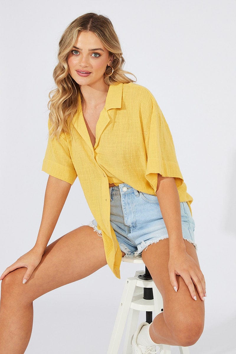 Yellow Shirt Short Sleeve Collared Neck for Ally Fashion