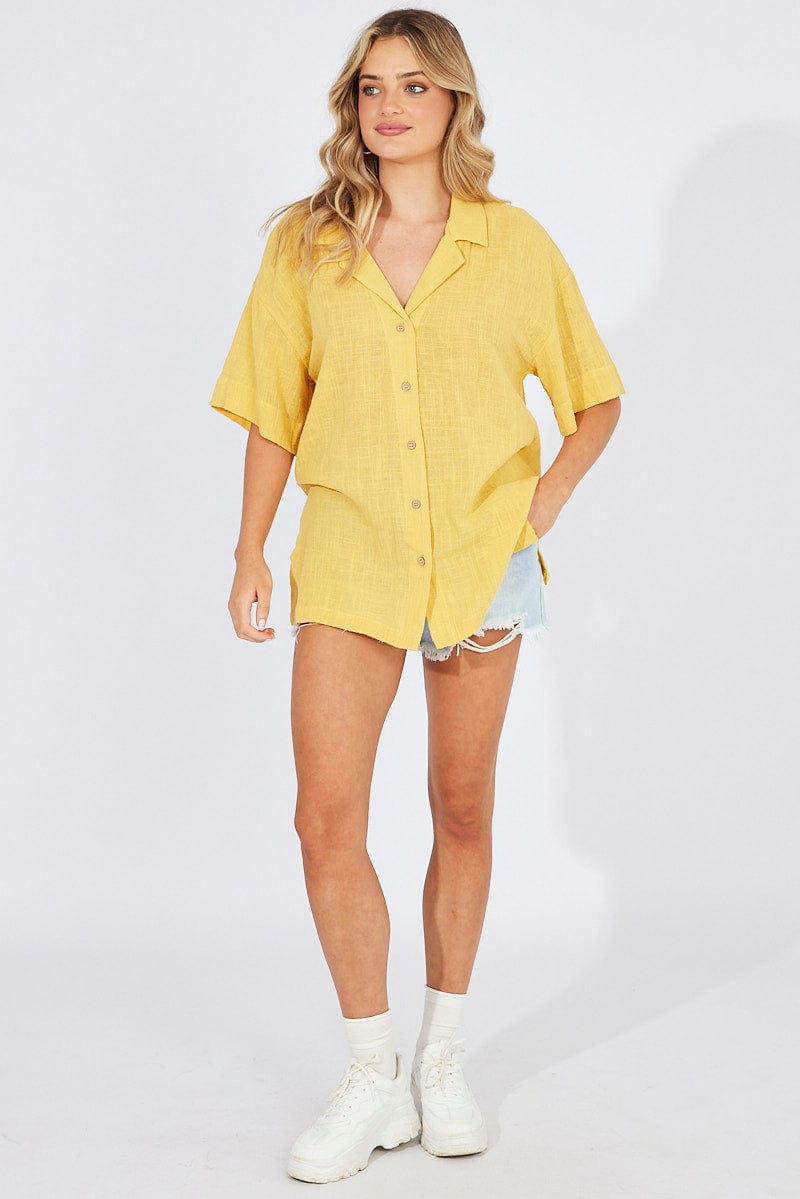 Yellow Shirt Short Sleeve Collared Neck for Ally Fashion