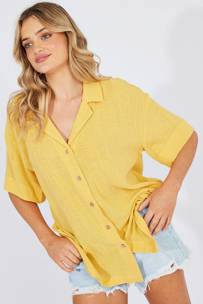 Yellow Shirt Short Sleeve Collared Neck for Ally Fashion