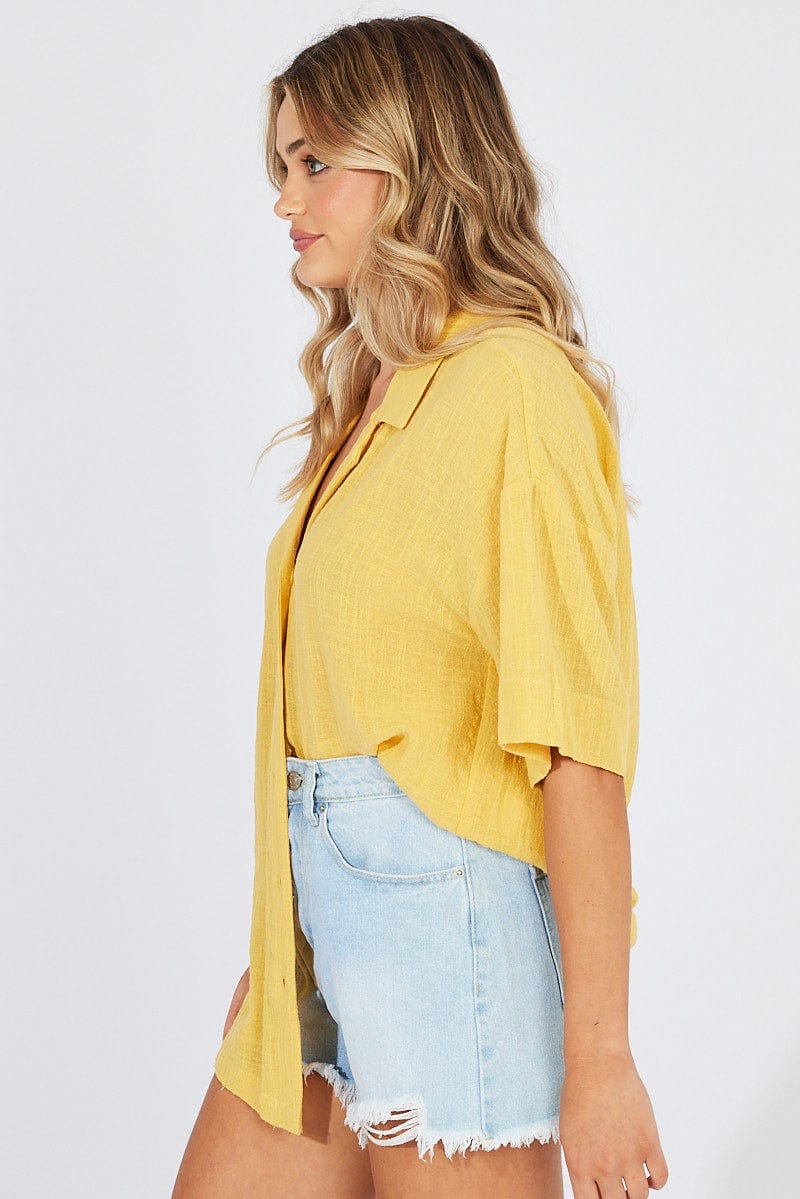 Yellow Shirt Short Sleeve Collared Neck for Ally Fashion