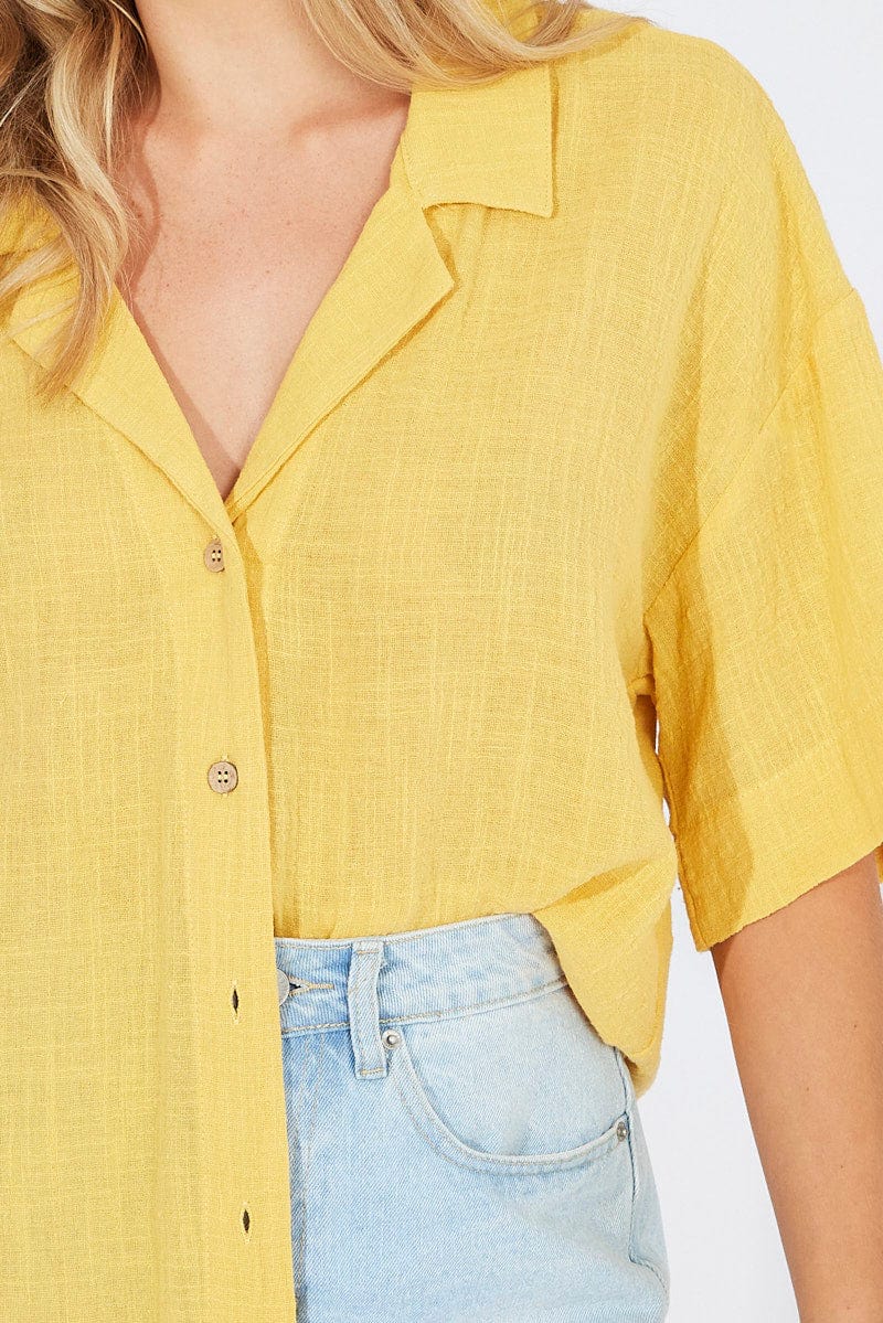 Yellow Shirt Short Sleeve Collared Neck for Ally Fashion