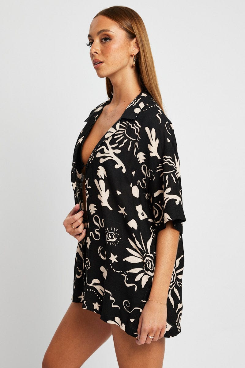 Black Abstract Linen Shirt Short Sleeve for Ally Fashion