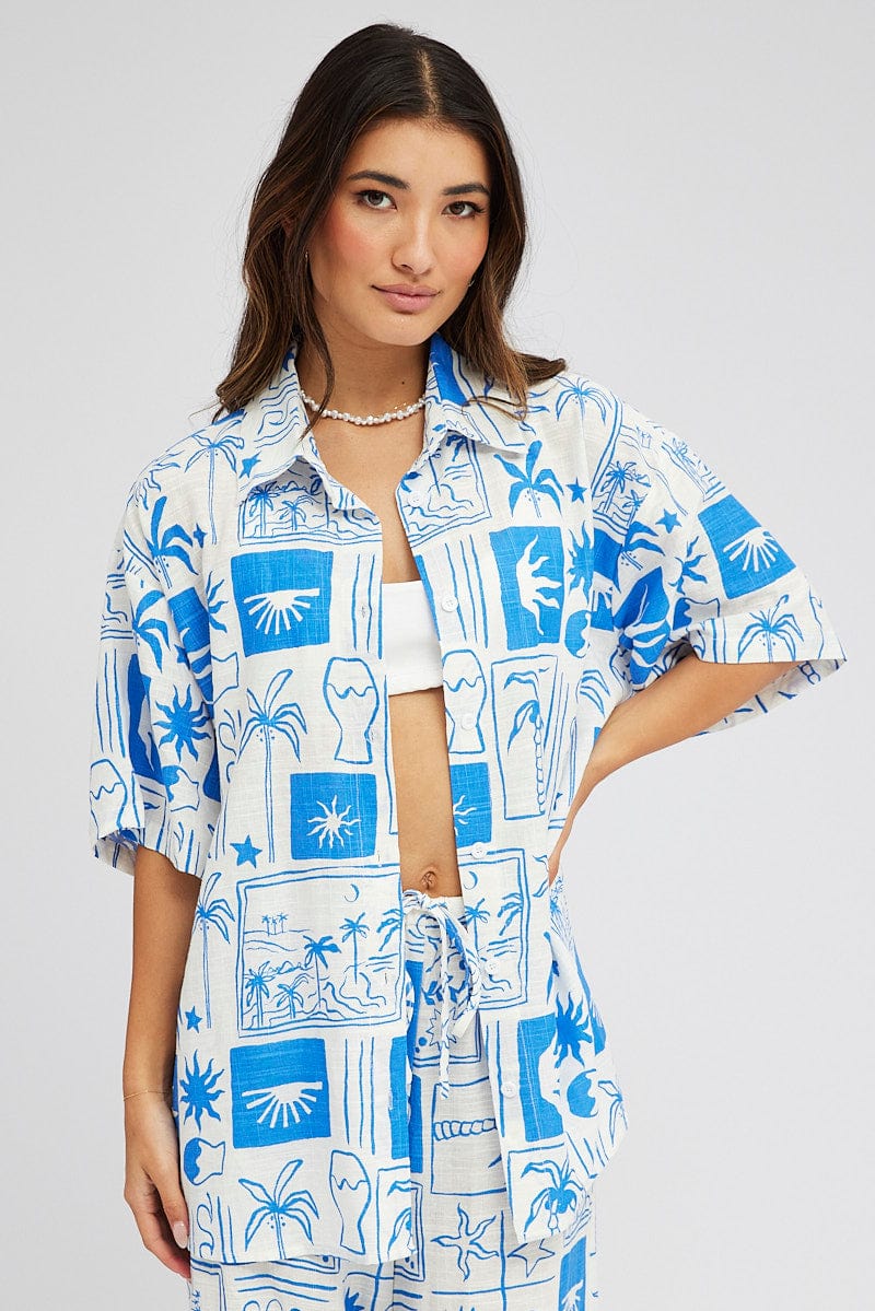 Blue Abstract Linen Shirt Short Sleeve for Ally Fashion