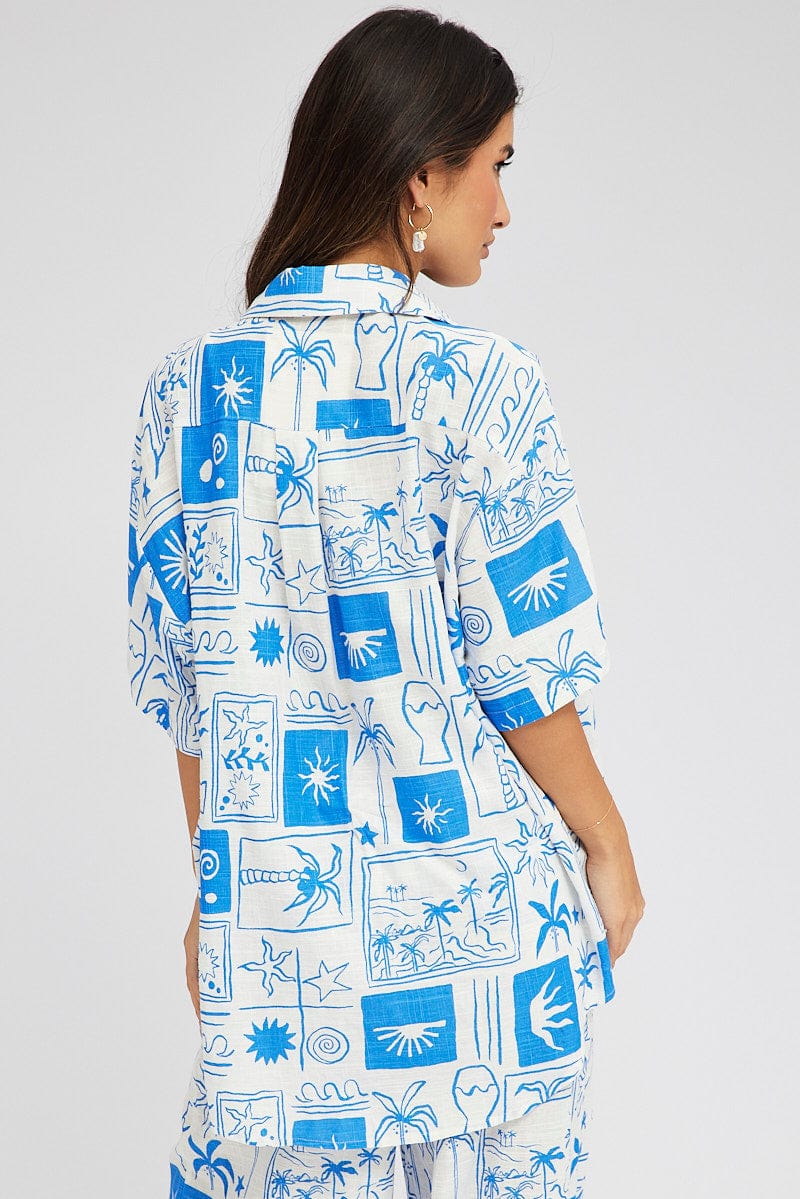 Blue Abstract Linen Shirt Short Sleeve for Ally Fashion
