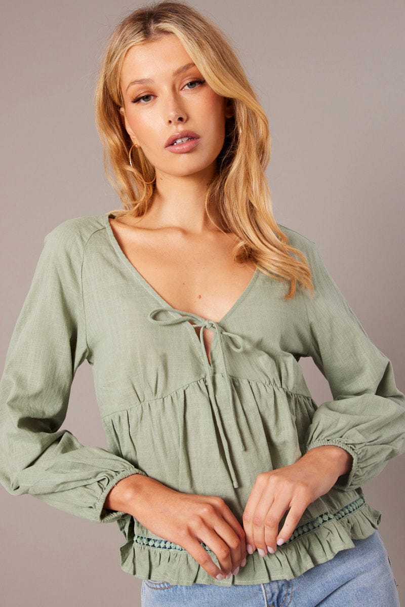 Green Smock Top Long Sleeve for Ally Fashion