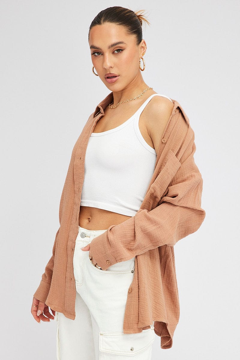 Brown Oversized Shirt Long sleeve Collared Neck for Ally Fashion
