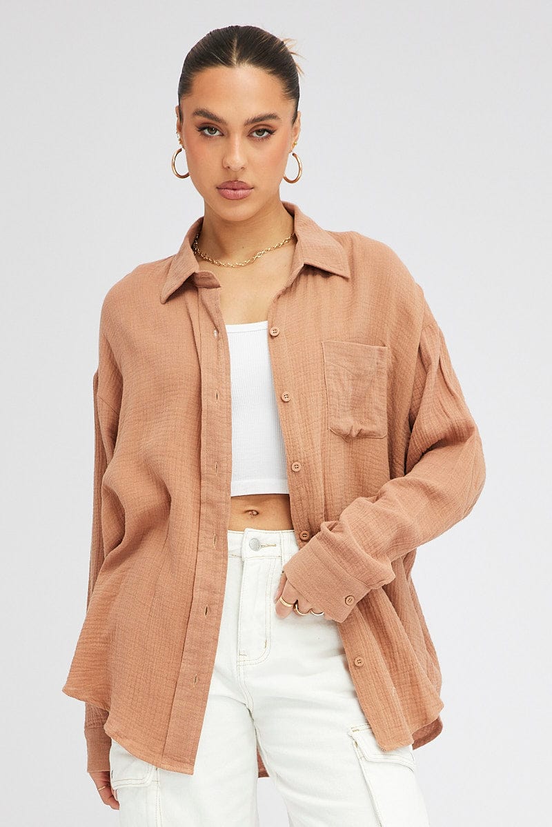 Brown Oversized Shirt Long sleeve Collared Neck for Ally Fashion