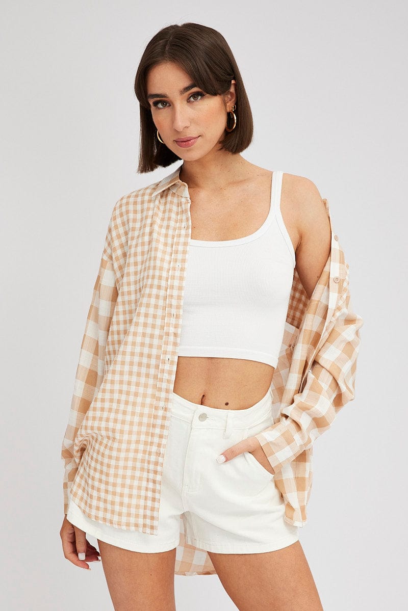 Beige Check Shirt Long Sleeve Collared Neck for Ally Fashion