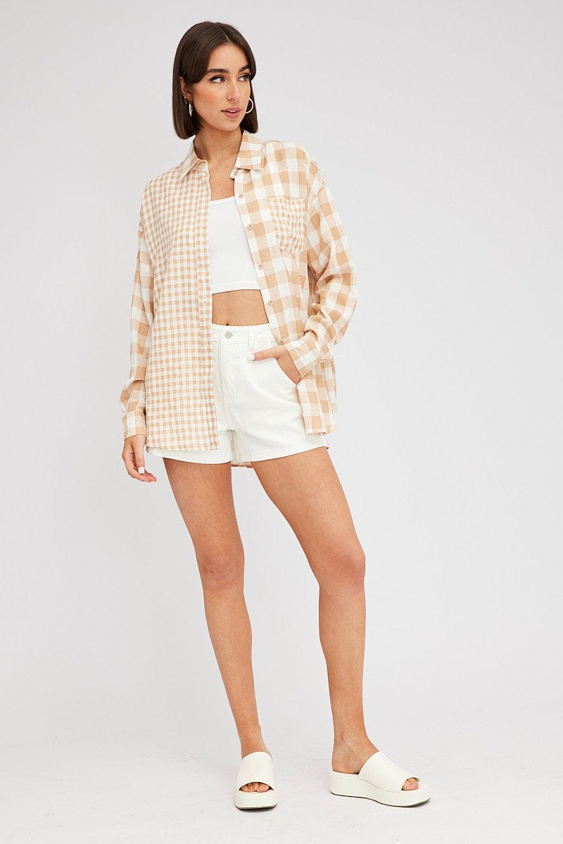 Beige Check Shirt Long Sleeve Collared Neck for Ally Fashion