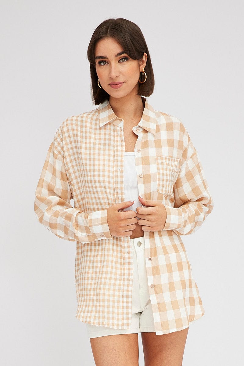 Beige Check Shirt Long Sleeve Collared Neck for Ally Fashion