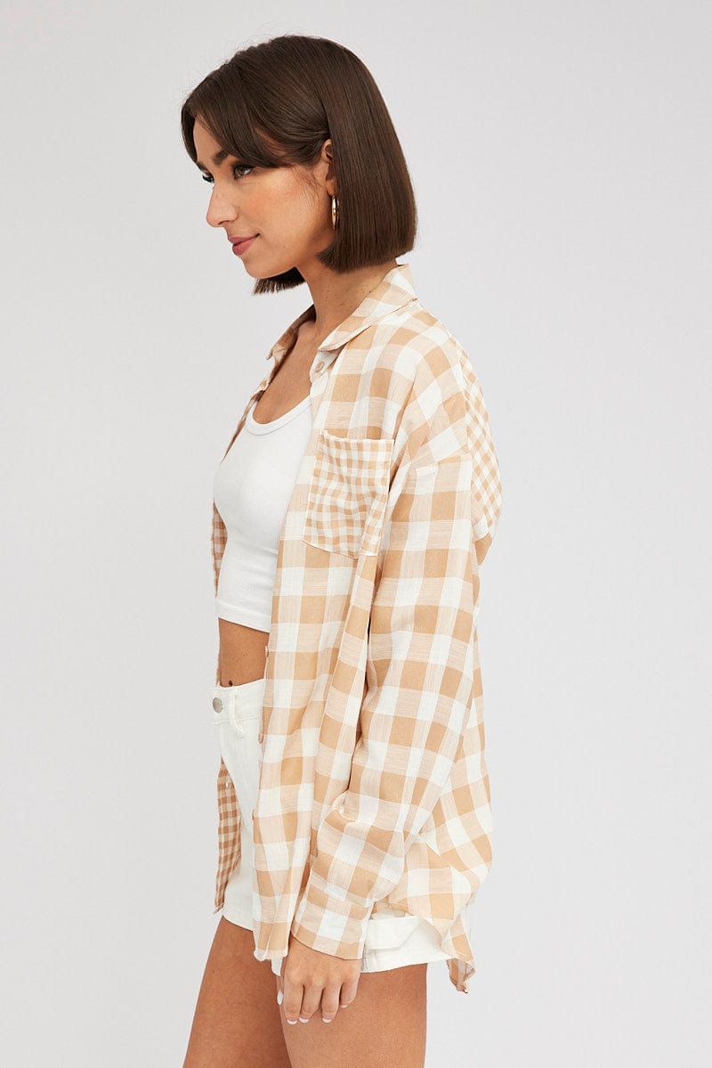 Beige Check Shirt Long Sleeve Collared Neck for Ally Fashion