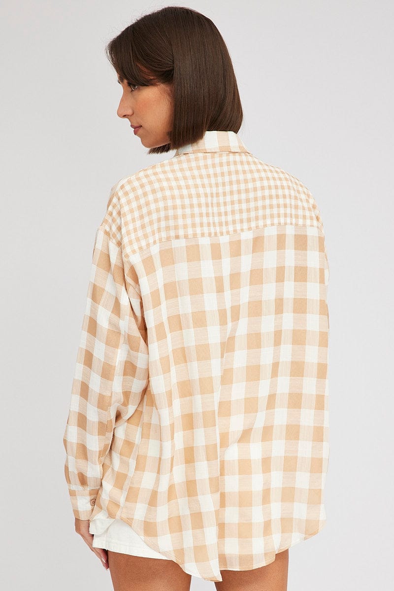 Beige Check Shirt Long Sleeve Collared Neck for Ally Fashion