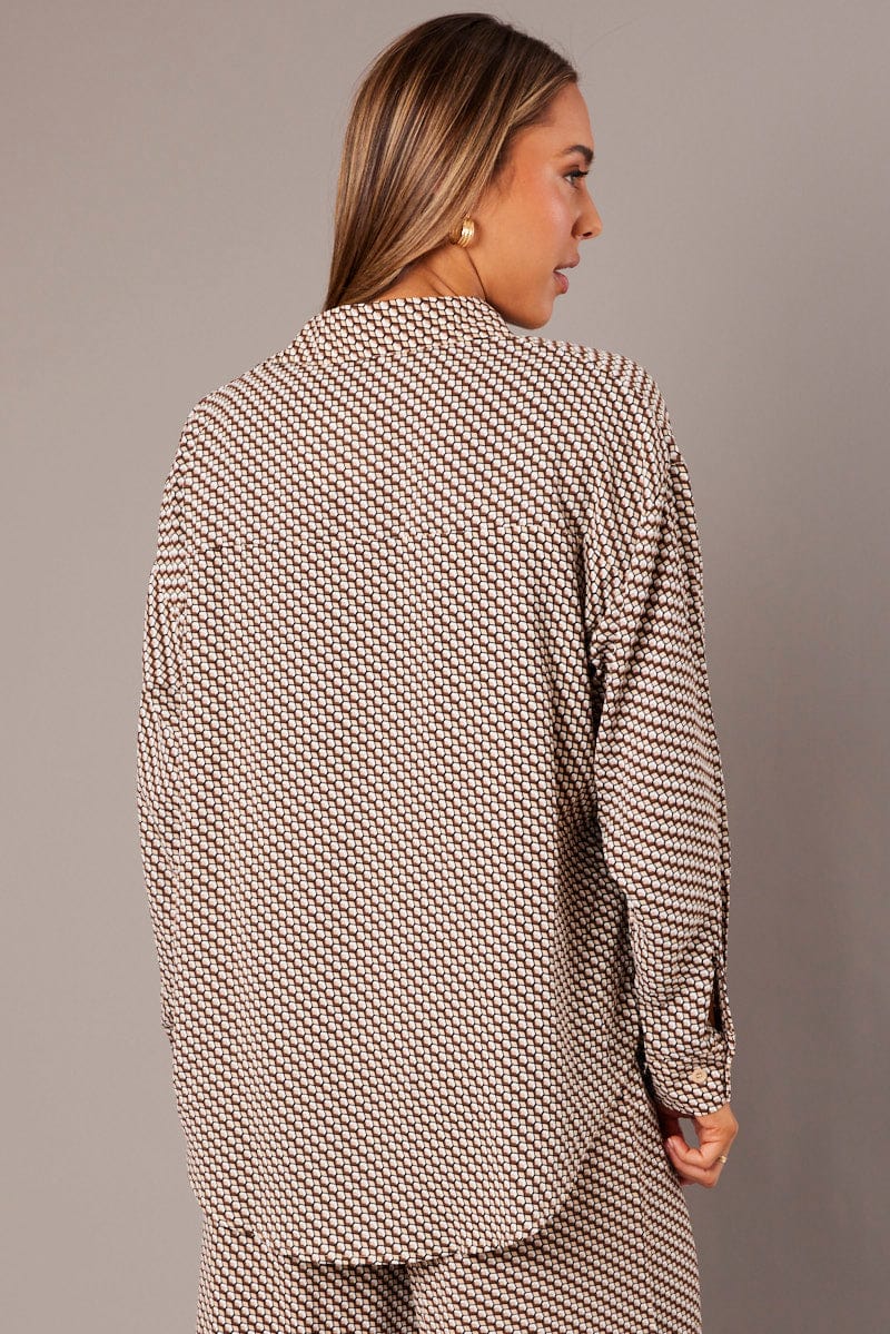 Brown Geo Relaxed Shirt Long Sleeve for Ally Fashion