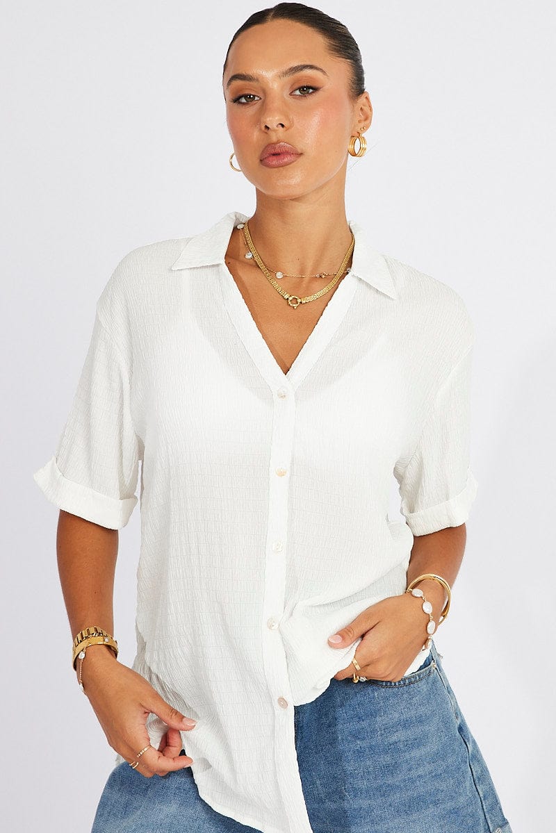 White Textured Shirt Short Sleeve for Ally Fashion