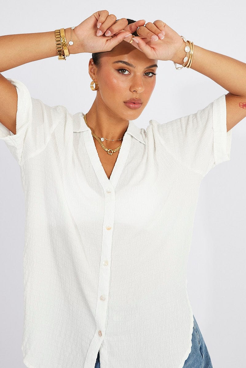 White Textured Shirt Short Sleeve for Ally Fashion