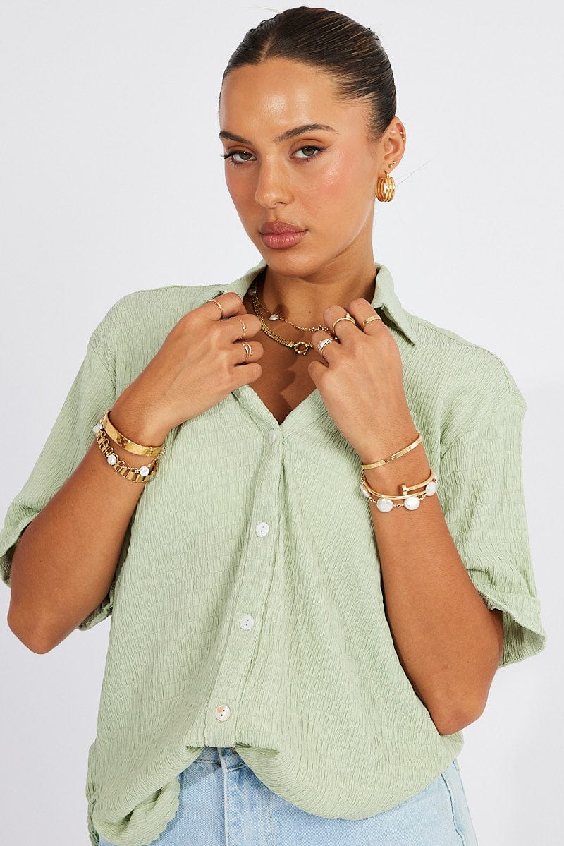 Green Textured Shirt Short Sleeve for Ally Fashion