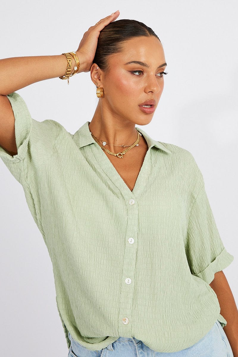 Green Textured Shirt Short Sleeve for Ally Fashion