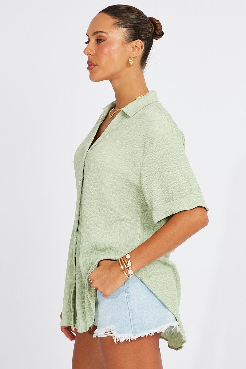 Green Textured Shirt Short Sleeve for Ally Fashion