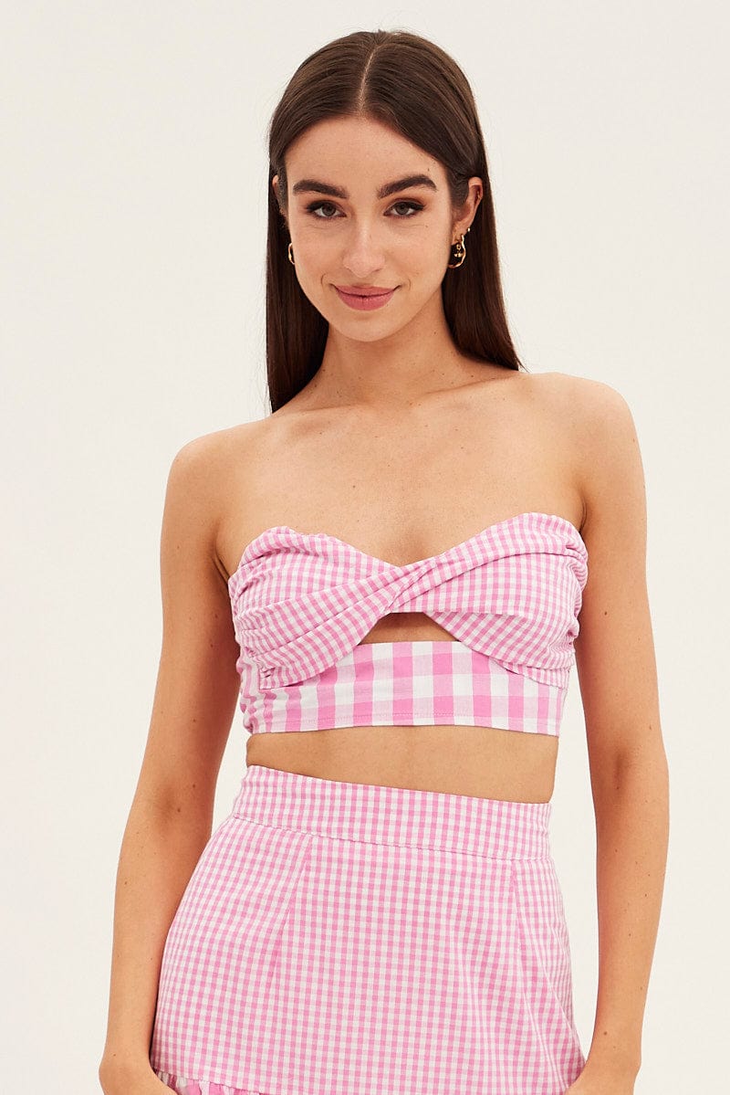 Pink Check Bandeau Twist Front Sleeveless Crop for Ally Fashion