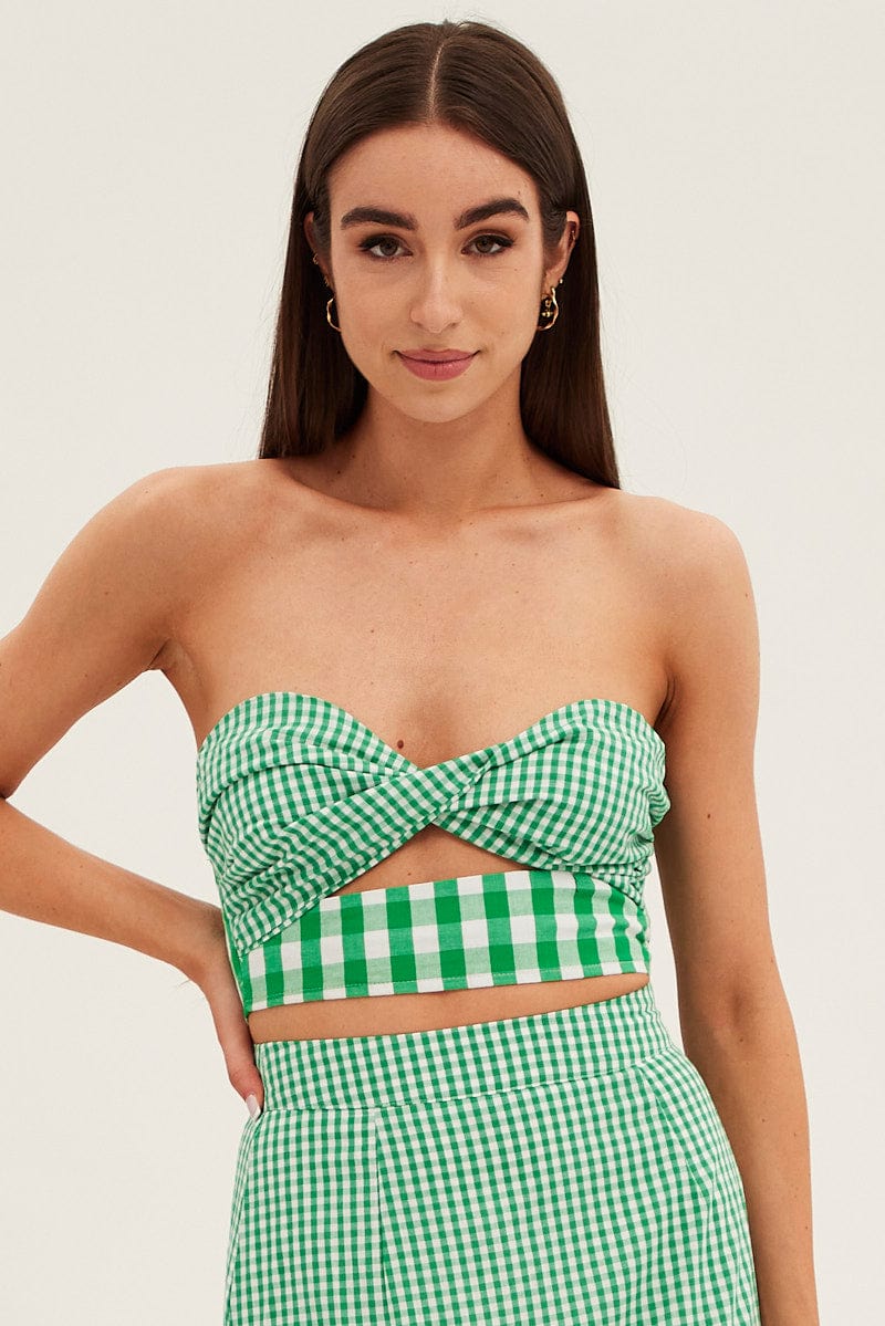 Green Check Bandeau Twist Front Sleeveless Crop for Ally Fashion