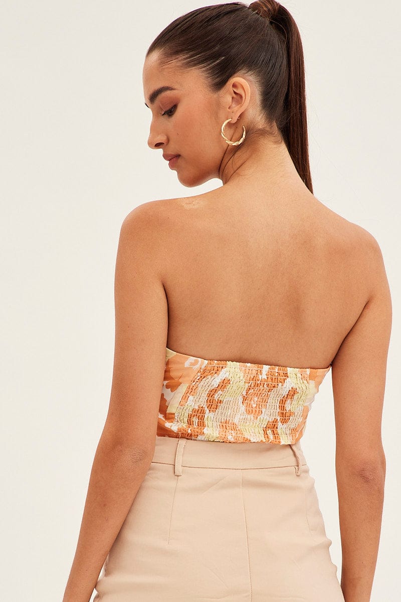 Orange Floral Twist Crop Top Bandeau Floral Print for Ally Fashion