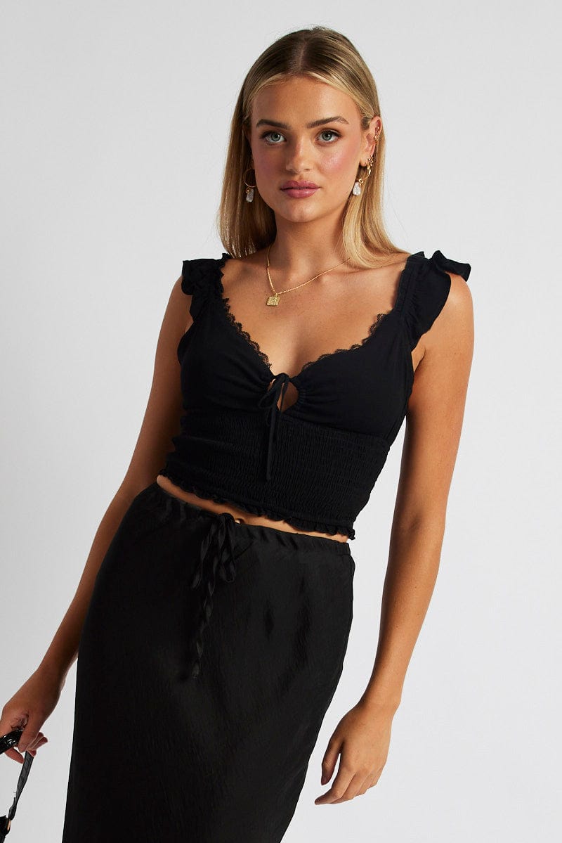 Black Smocked Crop Top Sleeveless for Ally Fashion