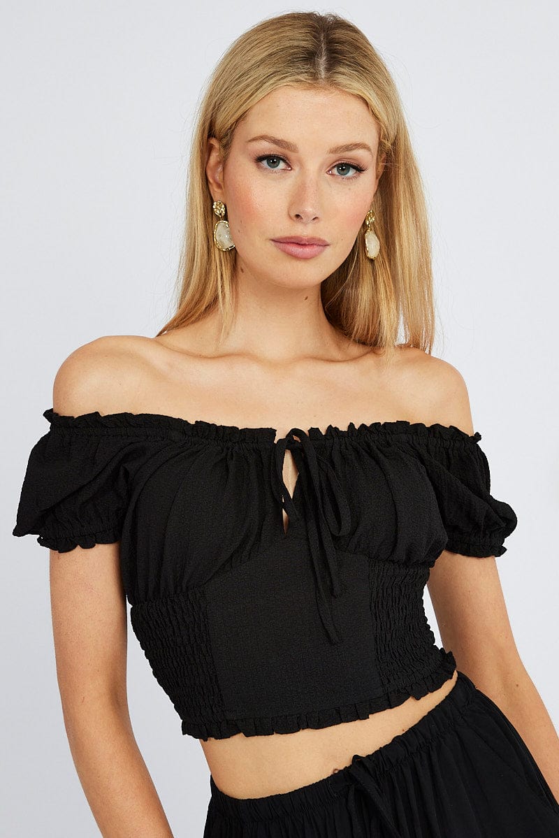 Black Ruched Top Short Sleeve for Ally Fashion