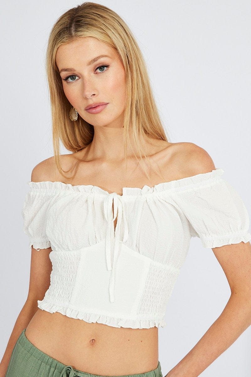 White Ruched Top Short Sleeve for Ally Fashion