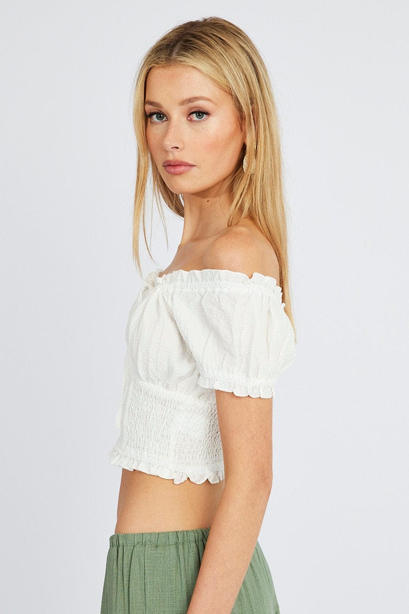 White Ruched Top Short Sleeve for Ally Fashion