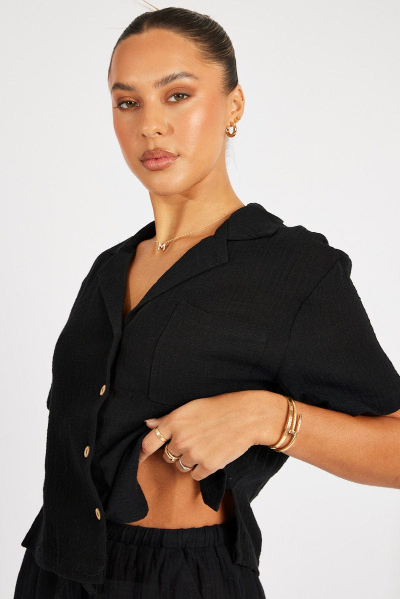 Black Crop Shirt Short Sleeve for Ally Fashion