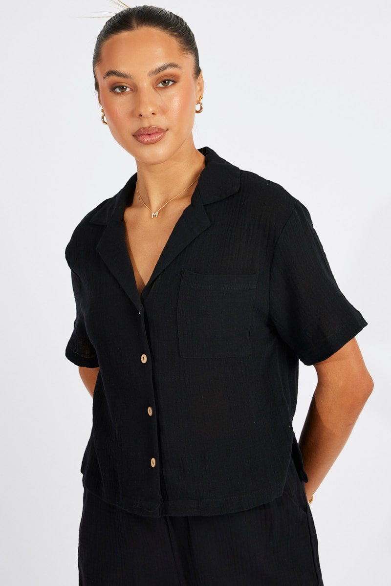 Black Crop Shirt Short Sleeve | Ally Fashion