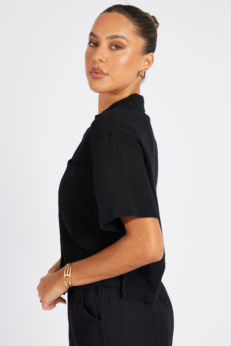 Black Crop Shirt Short Sleeve for Ally Fashion