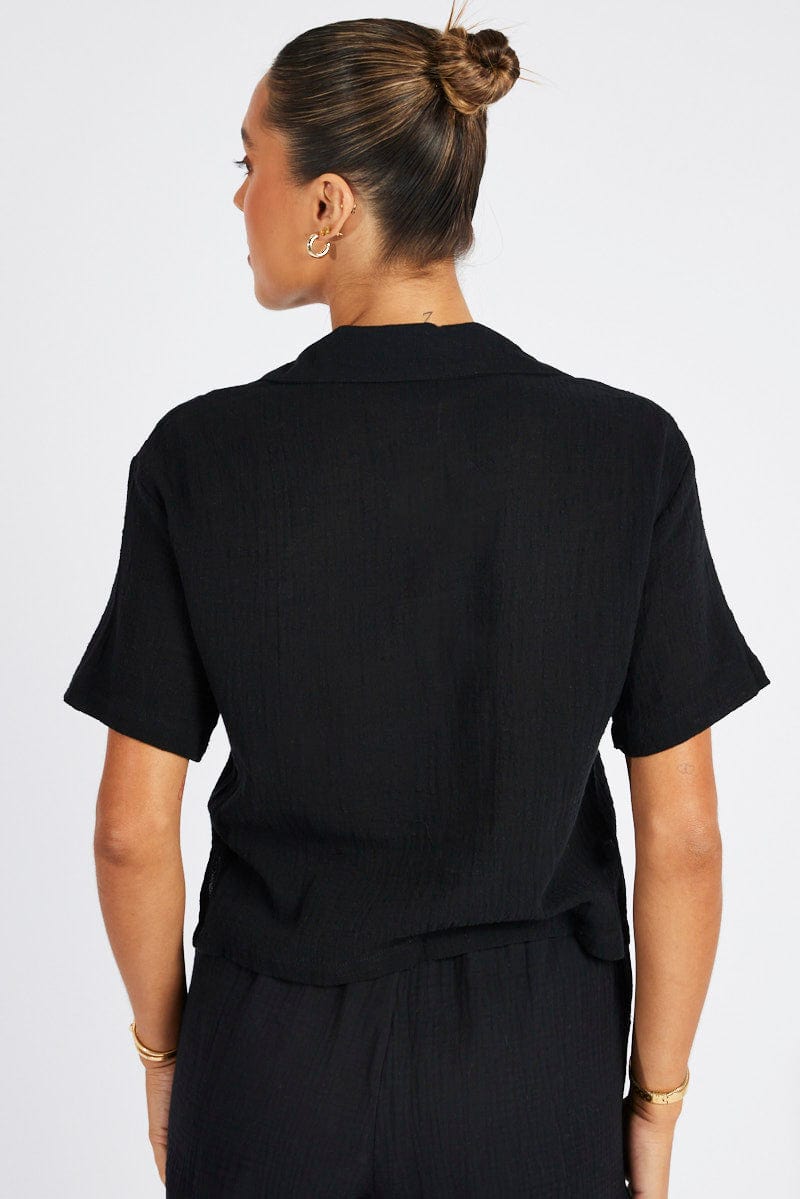 Black Crop Shirt Short Sleeve for Ally Fashion