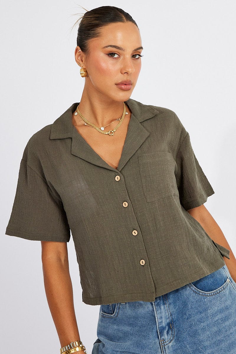 Green Crop Shirt Short Sleeve for Ally Fashion