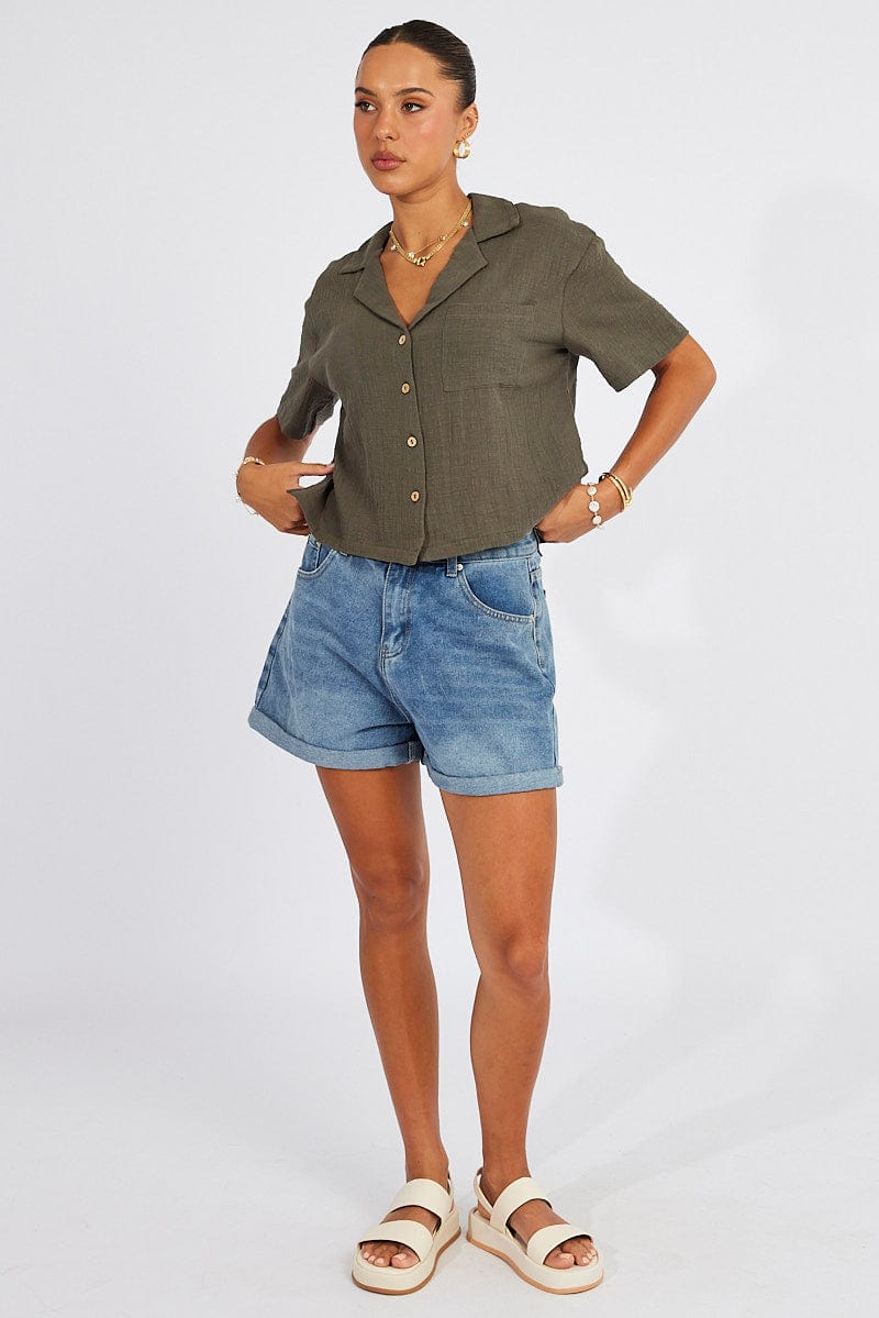 Green Crop Shirt Short Sleeve for Ally Fashion