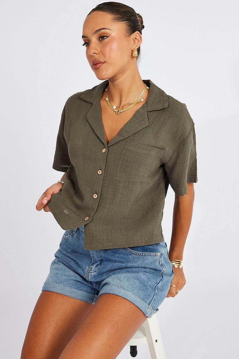 Green Crop Shirt Short Sleeve for Ally Fashion