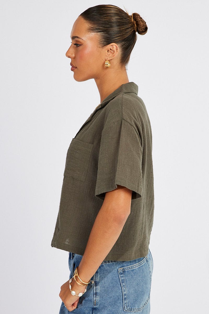 Green Crop Shirt Short Sleeve for Ally Fashion