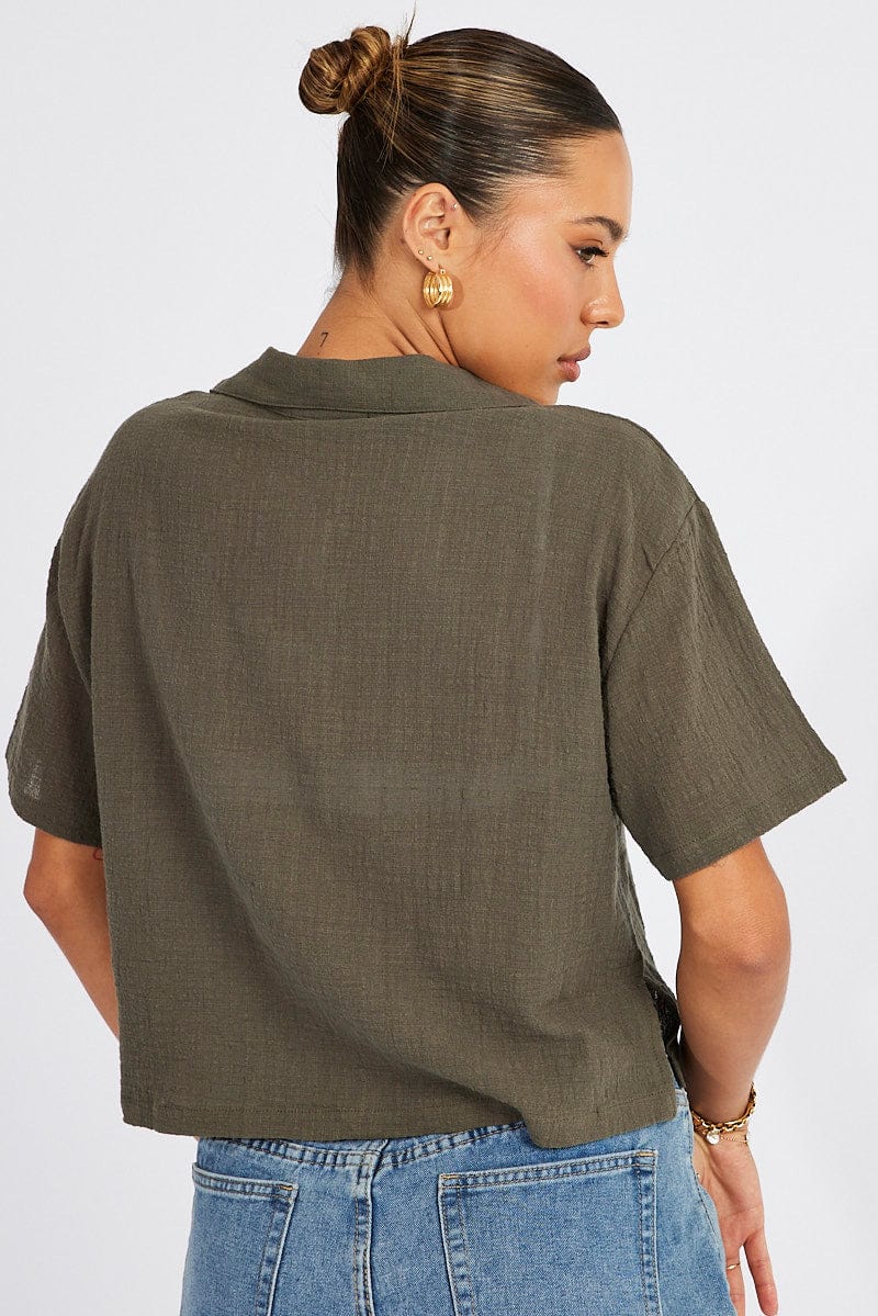 Green Crop Shirt Short Sleeve for Ally Fashion