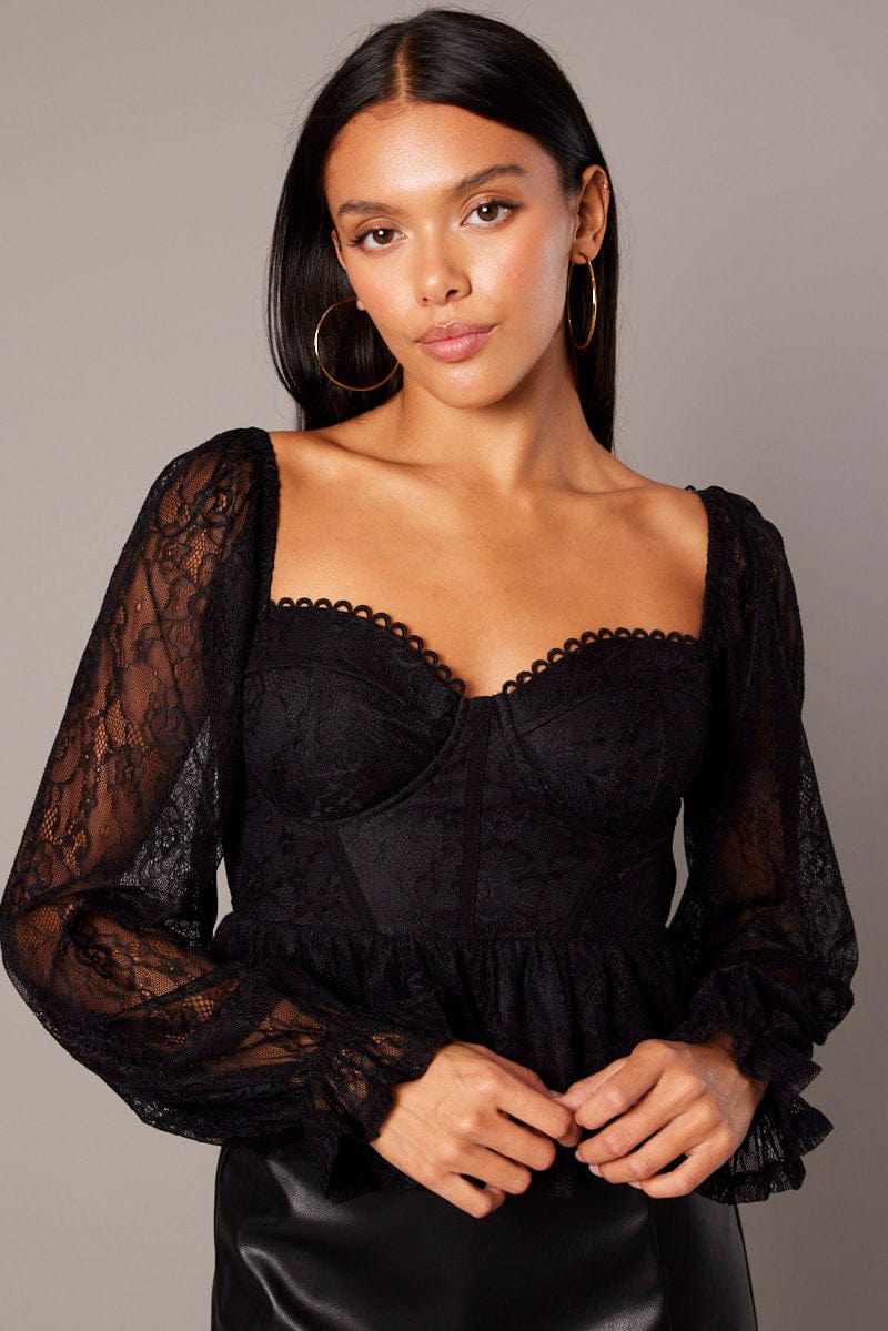 Black Peplum Top Long Sleeve Lace for Ally Fashion