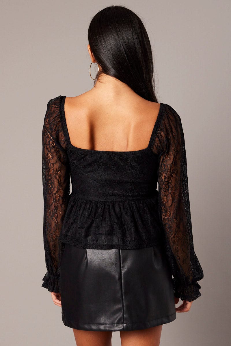 Black Peplum Top Long Sleeve Lace for Ally Fashion